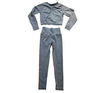 Ikon Gray High-Waisted Ruched Butt Leggings and Long Sleeve Cropped Top Set L